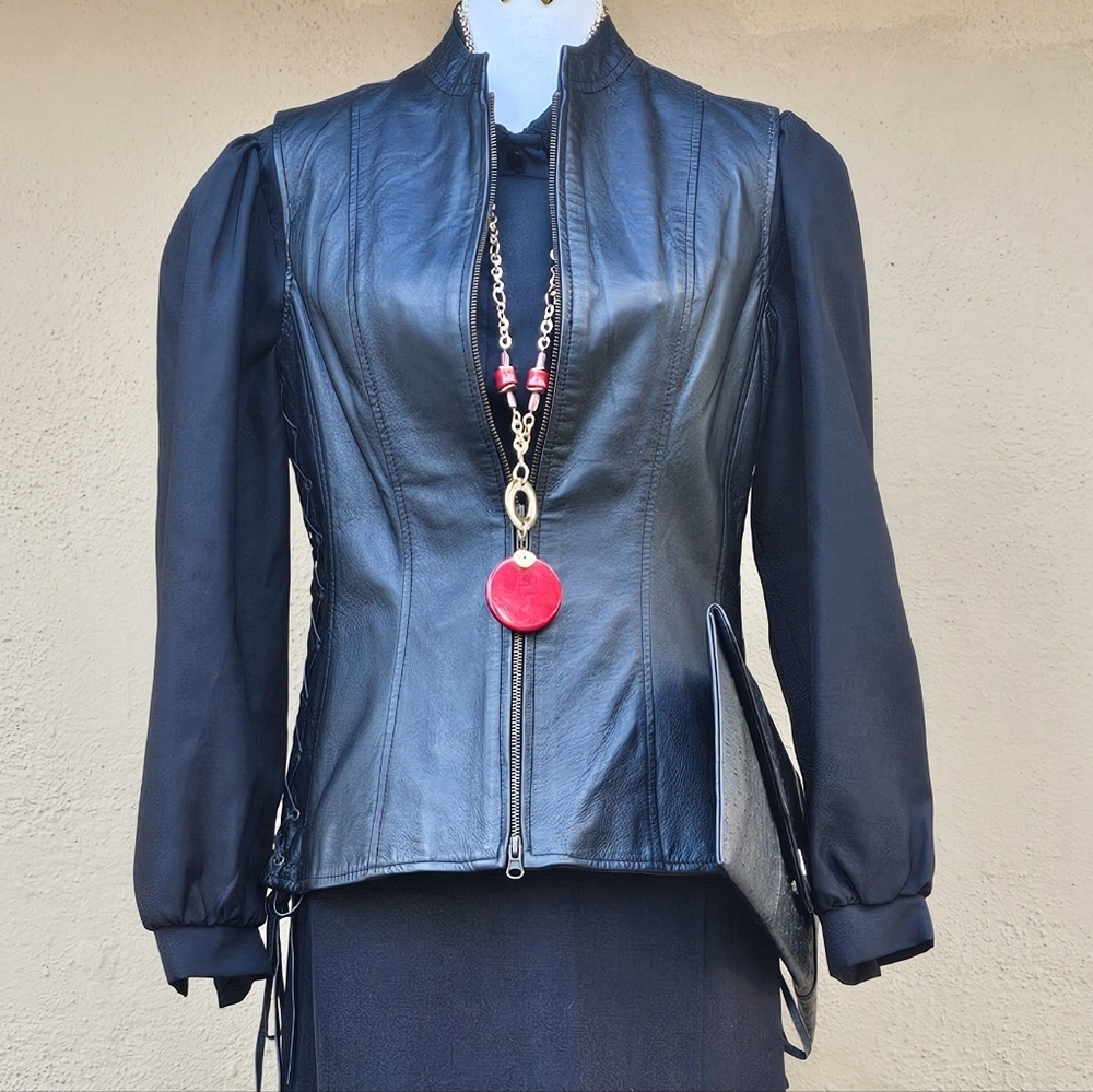 Newport News Vintage 90s Lace Up Black Leather Vest Size 8